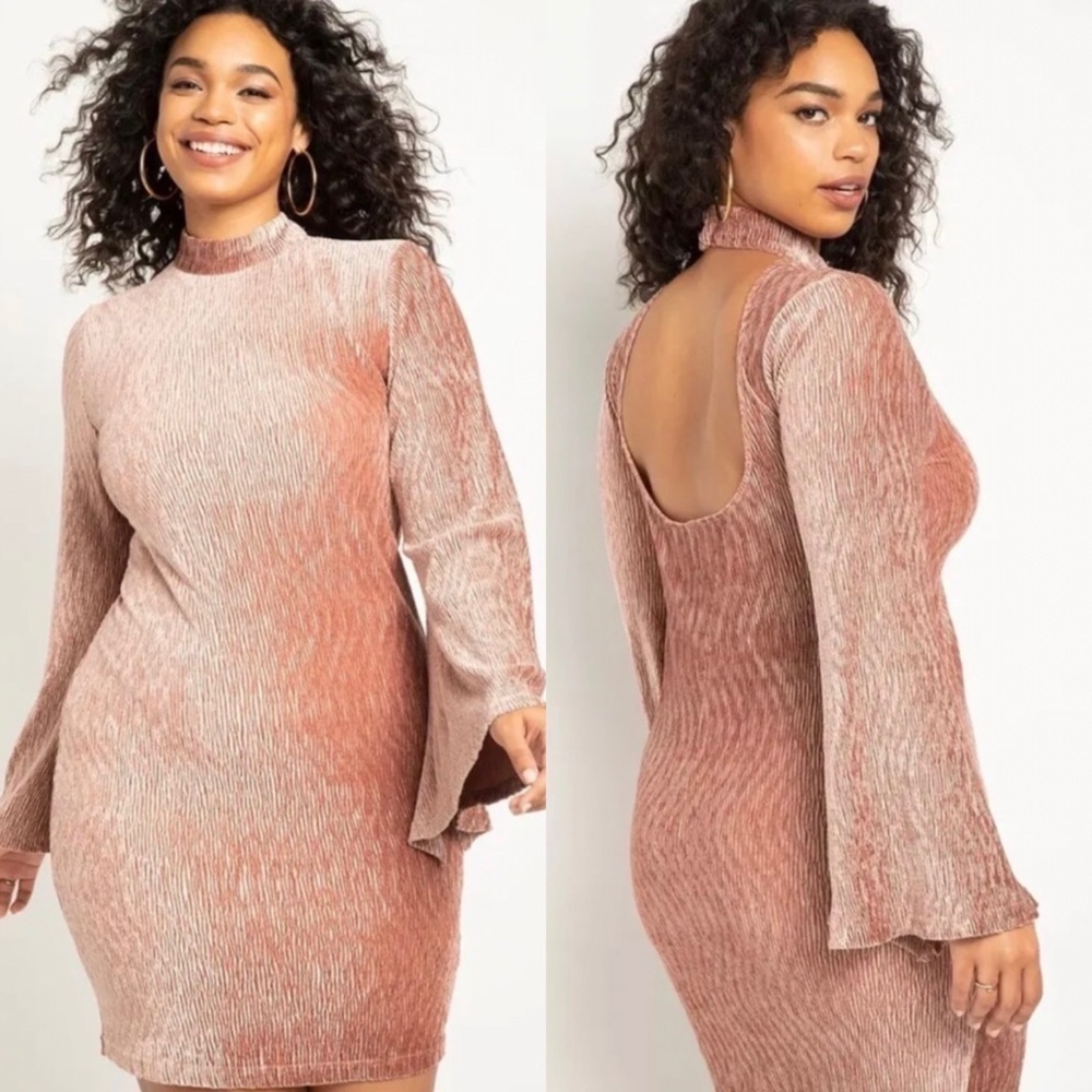 NWT Eloquii Velvet Textured Flare Sleeve Mini Dress in Pink